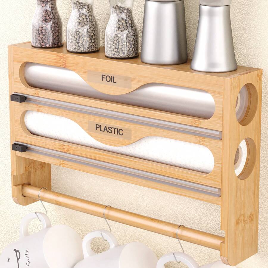 1pc Bamboo Plastic Wrap Dispenser, Aluminum Foil Dispenser With Paper Towel Holder, Foil And Plastic Wrap Organizer, Suitable For Kitchen-Back To School