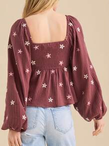 Women Floral Embroidered Blouses Long Balloon Sleeve Smocked Square Neck Vintage Casual Fall Tops - 酒紅色 - 查看 4