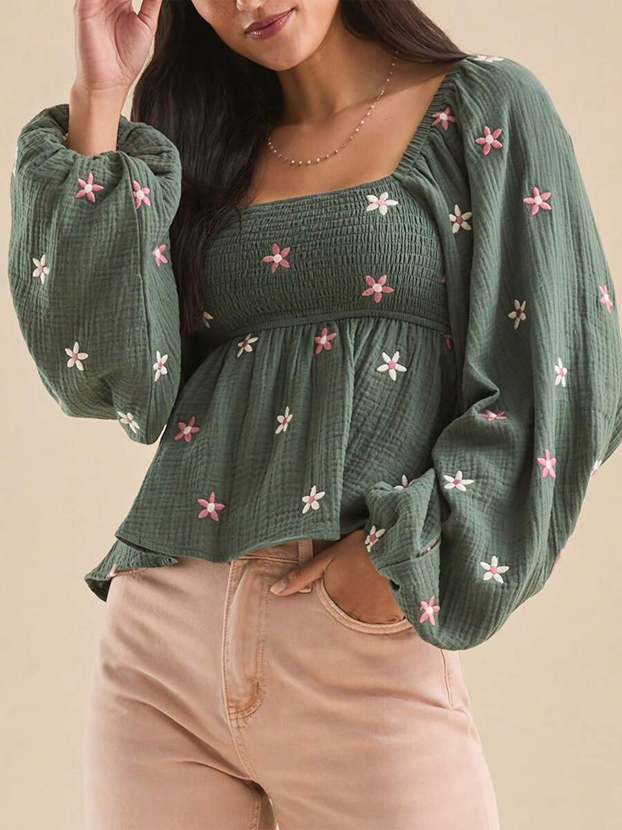 Women Floral Embroidered Blouses Long Balloon Sleeve Smocked Square Neck Vintage Casual Fall Tops - Màu xanh lá cây đậm - Xem 1