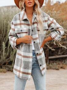 Women Cross-Border Europe & America Plaid Button Flannel Shacket, Spring/Autumn - Grey - View 1