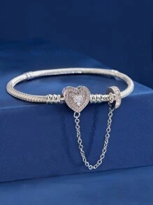 1 pièce Bracelet glamour en argent sterling 925 à perle en forme de cœur et en os de serpent de 16-22 cm pour femmes. Cadeau pour petite amie. Bijoux de qualité pour dames. Cadeau de la Saint-Valentin