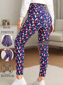 圣诞印花女式紧身打底裤，弹性踝长裤，带有圣诞帽图案，适合圣诞派对、节日、运动健身训练、瑜伽、下蹲、伸展运动、俯卧撑、锻炼