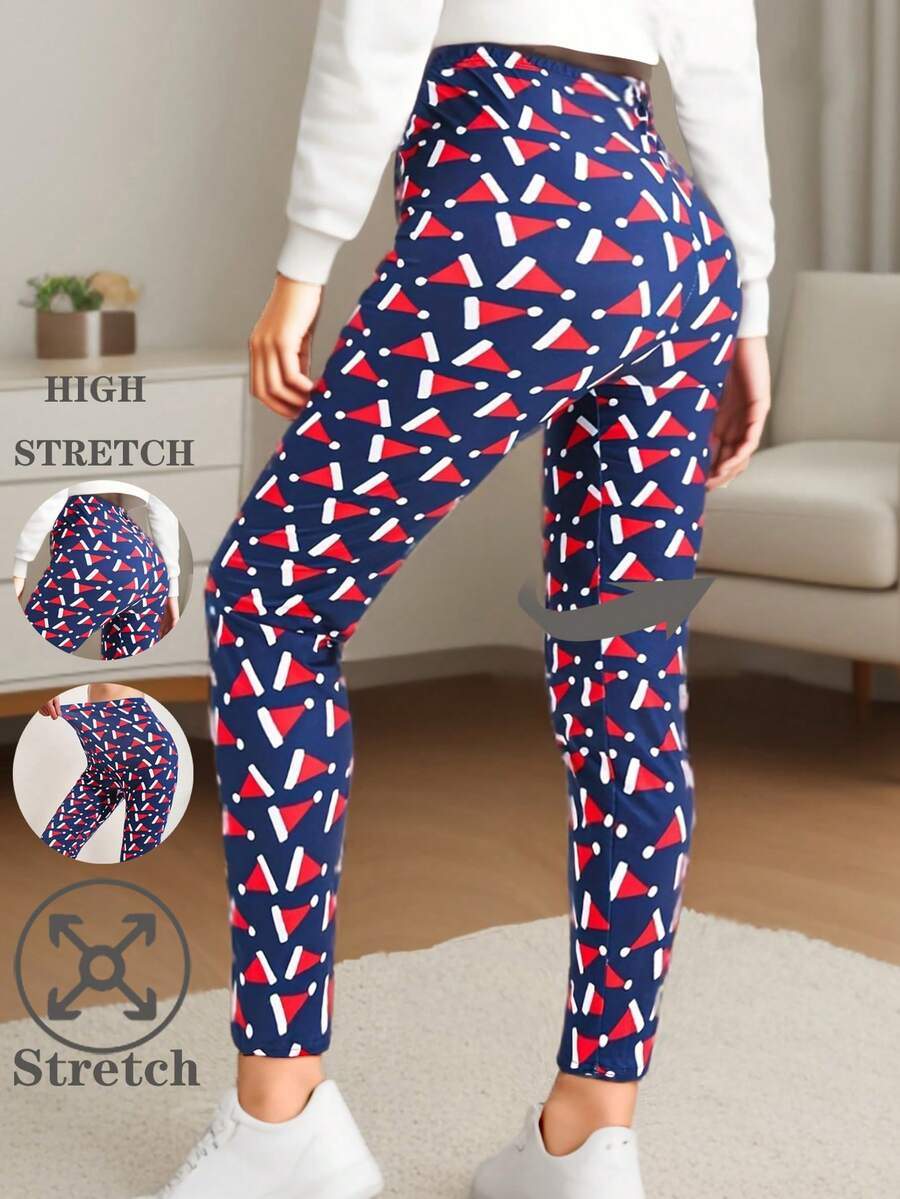 圣诞印花女式紧身打底裤，弹性踝长裤，带有圣诞帽图案，适合圣诞派对、节日、运动健身训练、瑜伽、下蹲、伸展运动、俯卧撑、锻炼