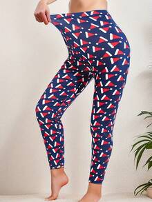 圣诞印花女式紧身打底裤，弹性踝长裤，带有圣诞帽图案，适合圣诞派对、节日、运动健身训练、瑜伽、下蹲、伸展运动、俯卧撑、锻炼