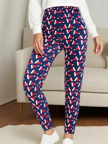 圣诞印花女式紧身打底裤，弹性踝长裤，带有圣诞帽图案，适合圣诞派对、节日、运动健身训练、瑜伽、下蹲、伸展运动、俯卧撑、锻炼