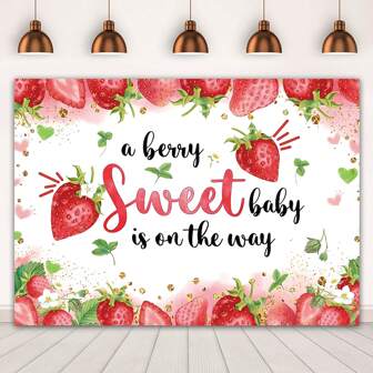 1pc Pink Strawberry Newborn Shower Photography Backdrops A Sweet Is On The Way Berry Party Banner 59.1*39.4/82.7*59.1/106.3*70.9 Inches Happy Birthday Photo Background Indoor Outdoor Decoration Supplies