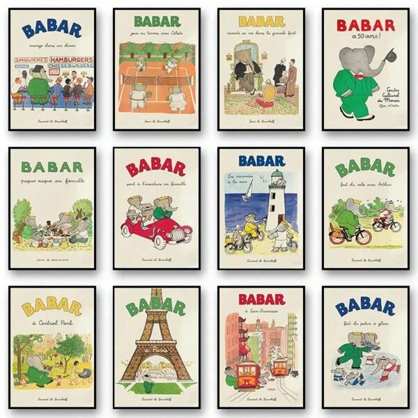 1 peça desenho animado animal elefante babar família carro fofo ioga anime pôster e impressões tela impressão arte de parede imagem para quarto de criança decoração de berçário sem moldura