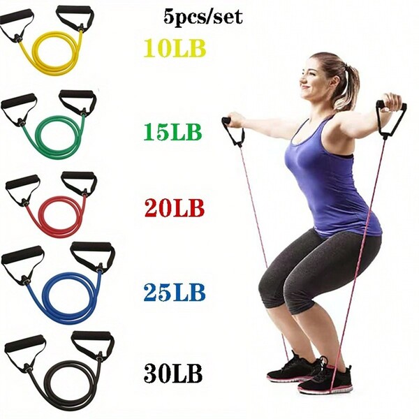 Set de 5 bandas de resistencia de 5 niveles con asas, cuerda de tracción de yoga, banda elástica para ejercicios de fitness en casa y fortalecimiento