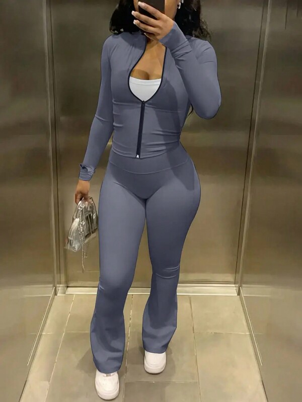 European And American Women's Fashion Autumn/Winter Zip Up Cardigan & Loose Wide Leg Pants 2 Pieces Set