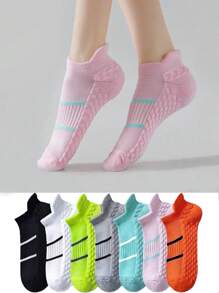 7 pares de meias esportivas femininas, meias curtas com padrão listrado decotado, meias de corrida com amortecimento respirável e absorvente de choque, para academia