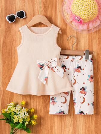 年轻女孩休闲夏季两件套 - 可爱的无袖上衣，带有仙女和月亮设计，搭配可爱的短裤，舒适透气的面料适合日常穿着、户外活动、居家或公园散步。适合 4-7 岁的女孩。