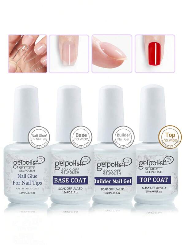 4pcs 15ml Gel Base Coat & Builder Nail Gel & Top Coat & Nail Glue For Nail Tips Set , Shine Finish And Long Lasting ,For Home Salon Nail Art DIY