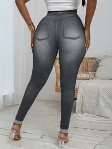 Plus Size Women Denim-Effect Printed Tights High Elastic Slim Fit Leggings Ripped Print Curvy Pants Sports Clothing For Autumn & Winter - Black - View 7