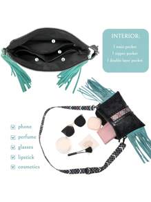 Este bolso cruzado de gran capacidad con flecos de PU de moda combina el estilo bohemio vintage occidental con flecos, remaches y artesanía tejida. Se puede llevar al hombro o como un bolso cruzado, con una correa para el hombro desmontable y ajustable para mayor comodidad y practicidad. Es una opción ideal para ir de compras, actividades al aire libre, viajes y picnics. También es un regalo perfecto para amigos y familiares. - Negro - Ver 6
