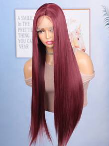 Peruka syntetyczna z przodu z koronką 13*4, 26 cali, gęstość 180%, kolor czarny, z baby hair, bez kleju, odporna na ciepło i oddychająca, materiał z włókien syntetycznych, naturalna linia włosów, swobodne rozstanie, odpowiednia na imprezy i do noszenia na co dzień - Burgund - Zobacz 4