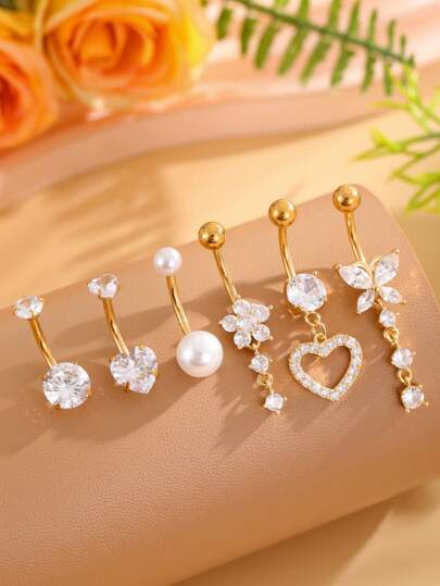 6Pcs/Set Stainless Steel Faux Pearl Butterfly Heart Shaped Navel Rings, Women's Classic Piercing Belly Rings, Daily Wear Valentines