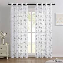 2pcs White Embroidered Sheer Curtains - Floral Pattern, Decorative Grommet Window Treatment For Living Room And Bedroom - White and Gray - View 8