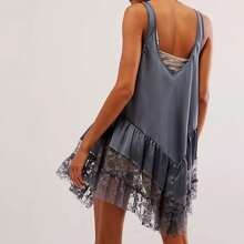Women's Summer Sleevelesss Dress Lace Patchwork Deep U-Neck Backless Mini Loose Dress - 灰色 - 查看 2