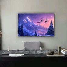 1PC Wooden Framed Canvas Painting Art Poster Reindeer In The Snow Art Wall Painting Reindeer Galloping Running In Heavy Snowy Night Canvas Wall Art Suitable For Office Corridor Home Living Room Decoration