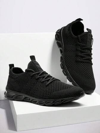 Men's Mesh Breathable Sneakers Lace Up Flat Shoes Training Tennis Shoes Walking Shoes Comfortable And Lightweight Athletic Shoes Black