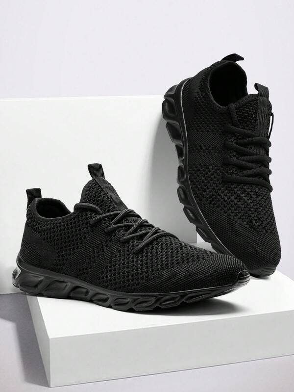 Men's Mesh Breathable Sneakers Lace Up Flat Shoes Training Tennis Shoes Walking Shoes Comfortable And Lightweight Athletic Shoes Black