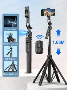 AXNEN Auto Face Tracking Tripod For Smartphones, Extendable 3 In 1 Aluminum Bluetooth Selfie Stick, 360° Rotation Phone Tripod With Wireless Remote And Phone Holder, Selfie Stick Tripod For IPhone16/15/14/13/12 Pro, Android Phone, Black