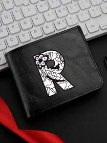 1 件时尚字母印花黑色钱包男士双折钱包休闲商务短钱包可折叠多卡槽送给他的完美礼物男士钱包钱包小钱包男士钱包真皮 - 黑色 - 查看 22