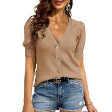 Womens Puff Short Sleeve Sweater Crew Neck Pullover Tops Ribbed Knit Sweater Blouse - 卡其色 - 查看 1