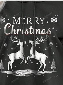 Dessin animé de Noël wapiti lettre anglaise slogan imprimé autocollants sweat-shirt à épaules dénudées pour femme Curve sweat-shirt surdimensionné automne et hiver décontracté polyvalent cordon de serrage à capuche ample style collège de rue femmes automne et hiver nouveau style