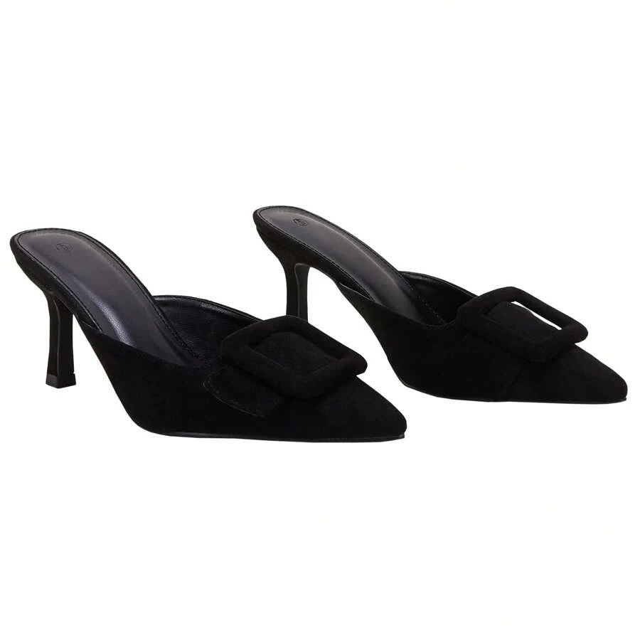 Women's Heeled Mules Shoes – Pointed Toe Suede Buckle Slip On Kitten Heels, Petite-Friendly Leg-Lengthening Dress Shoes For Wedding, Party & Office, Christmas & New Year Gift - 黑色 - 查看 1
