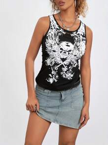 Women Skull Print Tank Tops Hollow Out Back Sleeveless Slim Fit Yoga Running Vest - Black - View 7