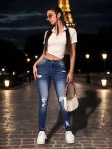 Women's Blue Ripped Distressed Jeans, Slim Fit Fashion Jeans With Slant Pockets, Stretch Skinny Jeans With Ripped, Women's Casual Fashion, Distressed Design, Youthful - 藍色 - 查看 7