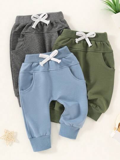 3 件套男婴纯色松紧腰裤套装，休闲抽绳慢跑运动裤，适合日常室内外穿着
