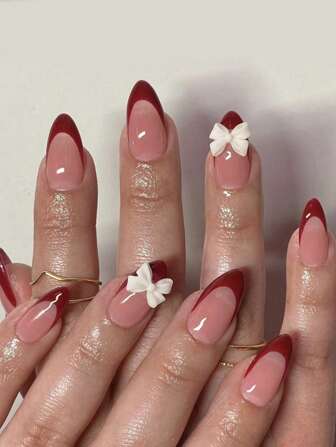 24 uñas postizas en forma de almendra de color rosa cortas con decoración 3D de lazos blancos, puntas francesas elegantes en rojo, incluye 1 lima de uñas y 1 adhesivo doble cara, adecuado para fiestas, vacaciones, regalos o uso en la oficina para niñas/mujeres. Suministros de uñas