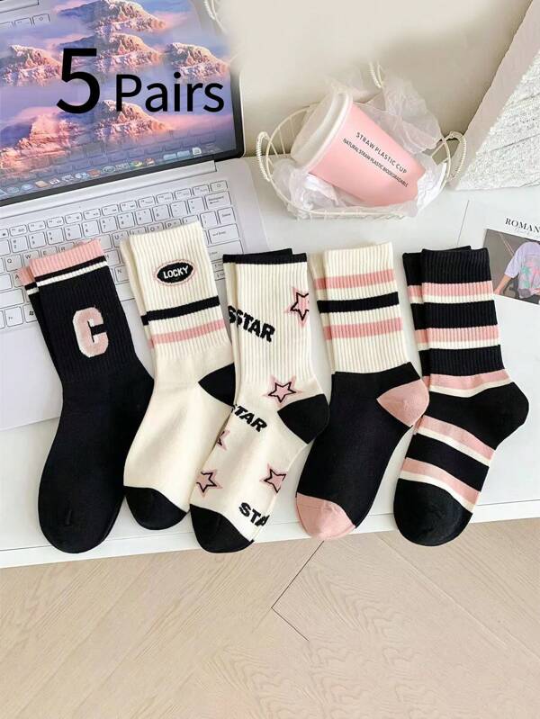 5/10 Pairs Girls & Teens Letter, Star Print & Striped Color Block Long Socks, Casual Sports Athletic Mid-Calf Socks, Stylish &