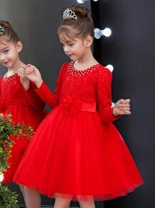 Girls' Red Flocked Princess Christmas Dress, Autumn/Winter