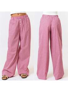Womens Plaid Pajama Pants Loose Elastic Waist Wide Leg Lounge Pants Casual Bottoms - 紅色 - 查看 3
