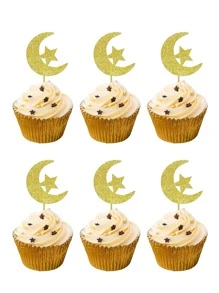 30 de bucăți Eid Al-Adha și Eid Al-Fitr Moon And Star Cake Toppers, Decoratiuni pentru cupcakes din hârtie, fără electricitate, fără pene, pentru Ramadan, Muharram și deserturi de sărbătoare