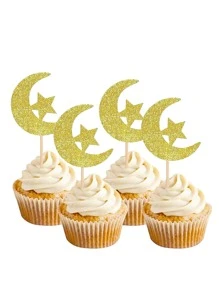 30 de bucăți Eid Al-Adha și Eid Al-Fitr Moon And Star Cake Toppers, Decoratiuni pentru cupcakes din hârtie, fără electricitate, fără pene, pentru Ramadan, Muharram și deserturi de sărbătoare