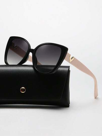  1set/2set Solid Color Letter Decor Thick Frame Retro Casual Streetwear Cat Eye Glasses, V Brand Registered Classic Quality Metal Accessories, Suitable For Women In Summer, All Seasons, Vacation, Daily Commute, Outdoor, Comes With Glasses Case, Glasses Strap, Glasses Cloth