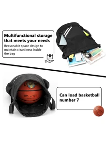 1pc Large Capacity Drawstring Sports Backpack, Fashion Gym Bag With Inner Pocket, Black Waterproof Wear-Resistant Nylon Oxford Cloth Material, With Bottom Shoe Compartment And Side Mesh Pockets And Wide Drawstring School Bag, Suitable For Men And Women Football Basketball Travel Yoga Swimming Cycling Shoulder Bag Travel Bag