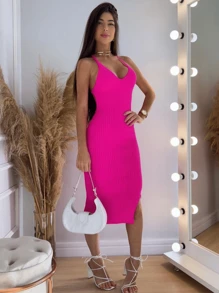CROSS BACK MIDI DRESS IN MODAL KNIT - Pink - View 3