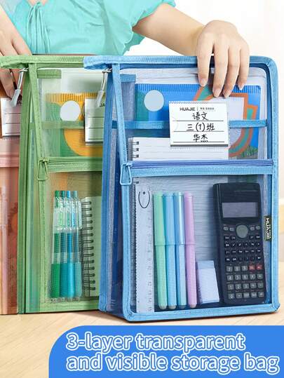 1pc A4 Size Transparent Mesh File Bag, Student Carrying Book Bag, Subject Organizing Pouch, Study Supplies Tote Bag, Multi-Layer Large Capacity Subject Organizing Zipper File Folder Back To School,Back To School,School Supplies