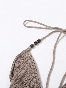 New Knit Hollow Sexy V-Neck Halter Backless Lace-Up Mini Dress For Women, Spring/Autumn - Khaki - View 7