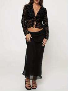 Women Tie Up Open Front Lace Shurg Long Sleeve See-Through Crop T-Shirt Cardigan Cover Up - Black - View 10