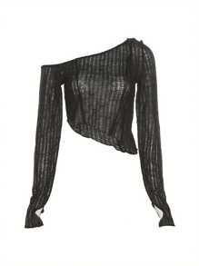 Womens Casual Long Sleeve T-Shirt Fashion Solid Color Oblique Shoulder Irregular Exposed Navel Tops