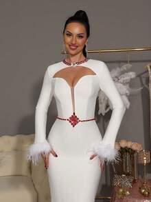 Modphy White Sexy Long Sleeve Luxury Handmade Rhinestone Faux Feather Bodycon Maxi Bandage Dress, Bridesmaid Dress For Wedding, Birthday Party, High-End Elegant Holiday Cocktail Party Formal Evening Gown For Ladies