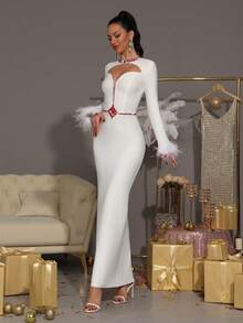 Modphy White Sexy Long Sleeve Luxury Handmade Rhinestone Faux Feather Bodycon Maxi Bandage Dress, Bridesmaid Dress For Wedding, Birthday Party, High-End Elegant Holiday Cocktail Party Formal Evening Gown For Ladies