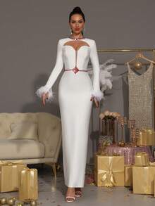 Modphy White Sexy Long Sleeve Luxury Handmade Rhinestone Faux Feather Bodycon Maxi Bandage Dress, Bridesmaid Dress For Wedding, Birthday Party, High-End Elegant Holiday Cocktail Party Formal Evening Gown For Ladies