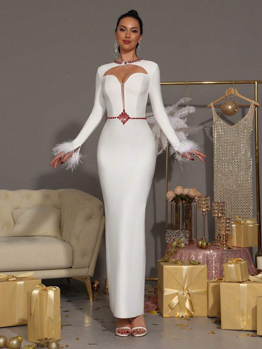 Modphy White Sexy Long Sleeve Luxury Handmade Rhinestone Faux Feather Bodycon Maxi Bandage Dress, Bridesmaid Dress For Wedding, Birthday Party, High-End Elegant Holiday Cocktail Party Formal Evening Gown For Ladies